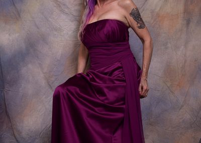 1125012 – Violet Red Floor Length lace & sequin bottice w mesh insert left split