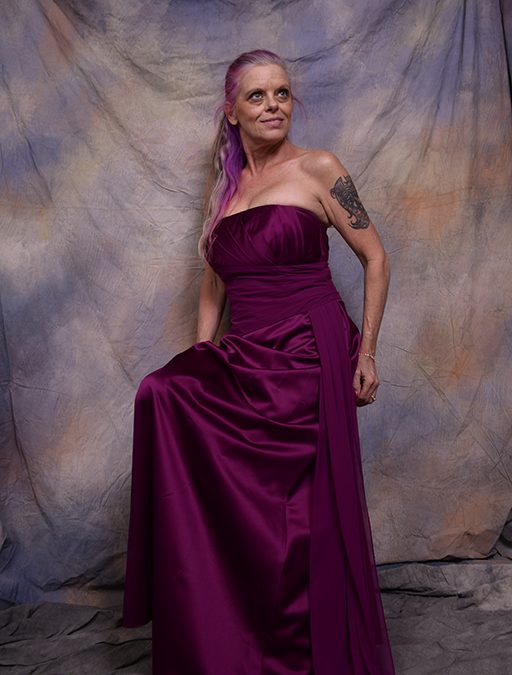 1125012 – Violet Red Floor Length lace & sequin bottice w mesh insert left split