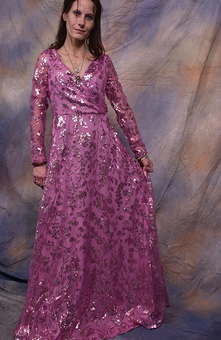 1225245 – Raspberry floor length with sequins 3/4 sleeve
